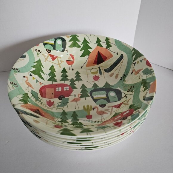 Lot of 7 Melamine 7.5" Bowls Camping Flamingo Tent RV Canoe Trees Grill Fire - Picture 3 of 4